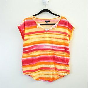 American Living Womens Top S Split Neck Striped Printed Tee T Shirt Pink Yellow